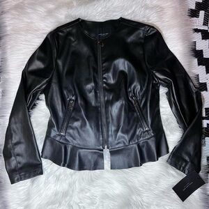 NWT Marc New York - Black Faux Leather Ruffle Trim Full Zip Jacket